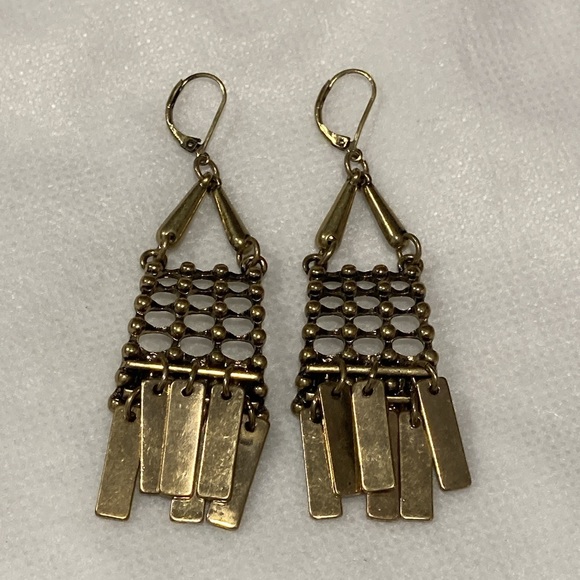 NWOT - Trendy Boho Brassy Ball & Rectangular Fringe Dangle Pierced Earrings - Picture 2 of 12